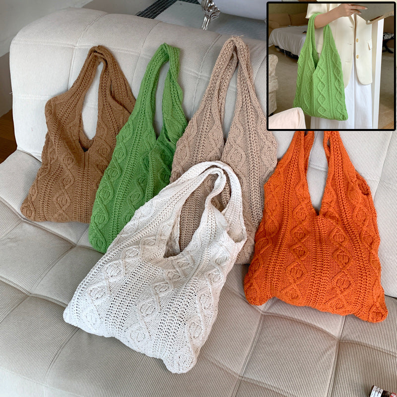 Cabas Juliette en maille torsadée, ensemble des coloris café, vert, kaki, orange et blanc