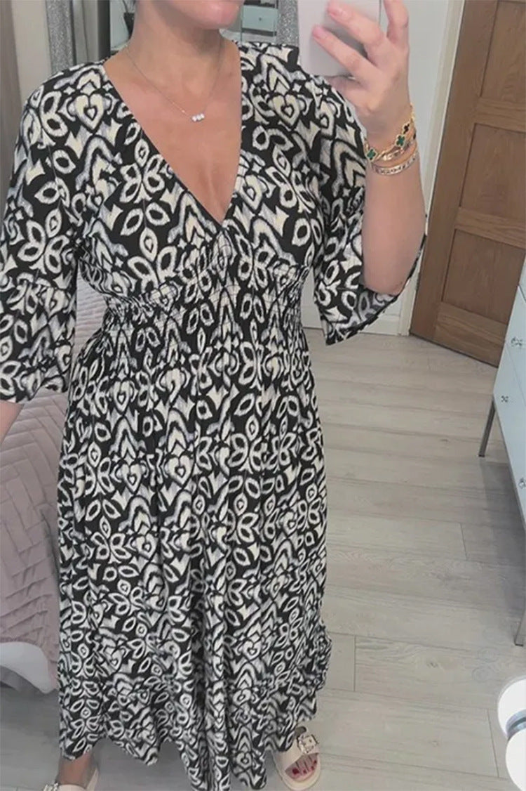 Mélina, robe longue à imprimé géométrique noire