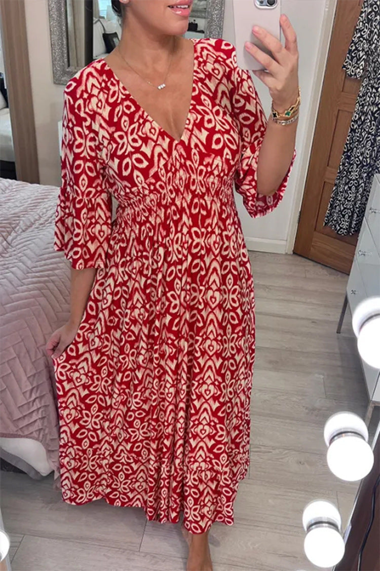 Mélina, robe longue à imprimé géométrique rouge