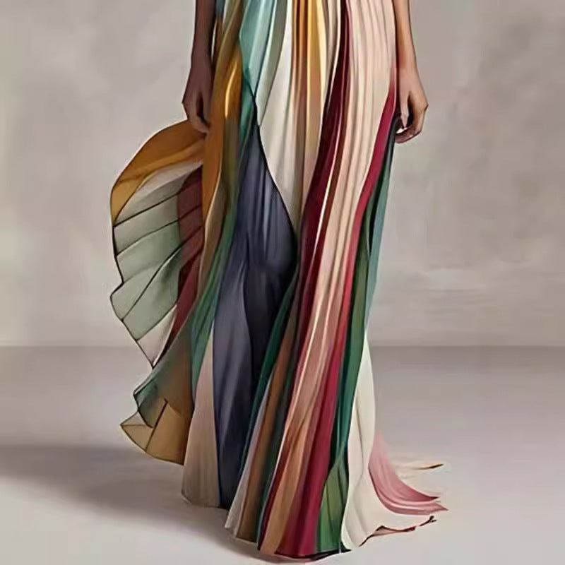 Détail de la jupe ample multicolore de la robe Céleste