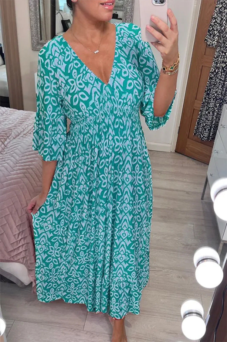 Mélina, robe longue à imprimé géométrique bleu