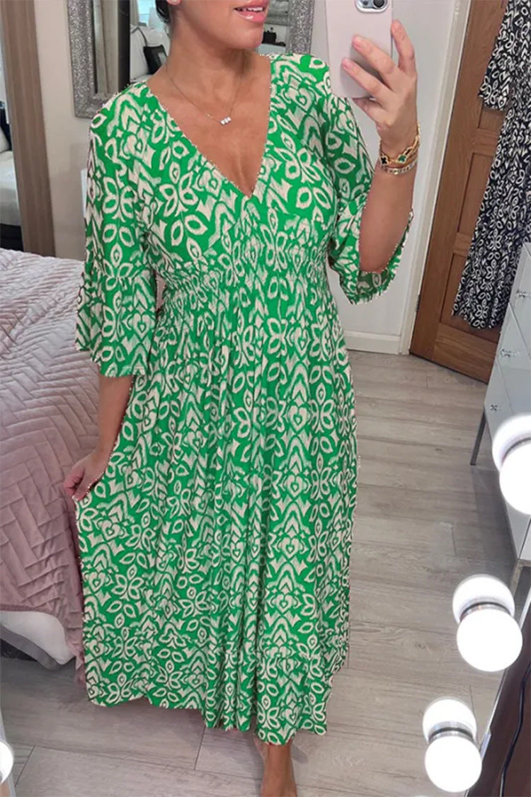 Mélina, robe longue à imprimé géométrique verte