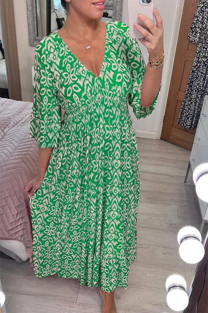 Mélina, robe longue à imprimé géométrique verte