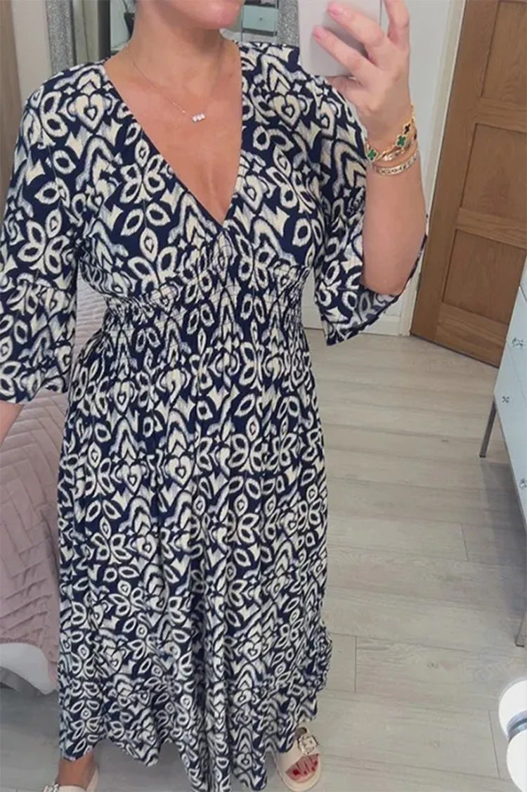 Mélina, robe longue à imprimé géométrique bleu marine