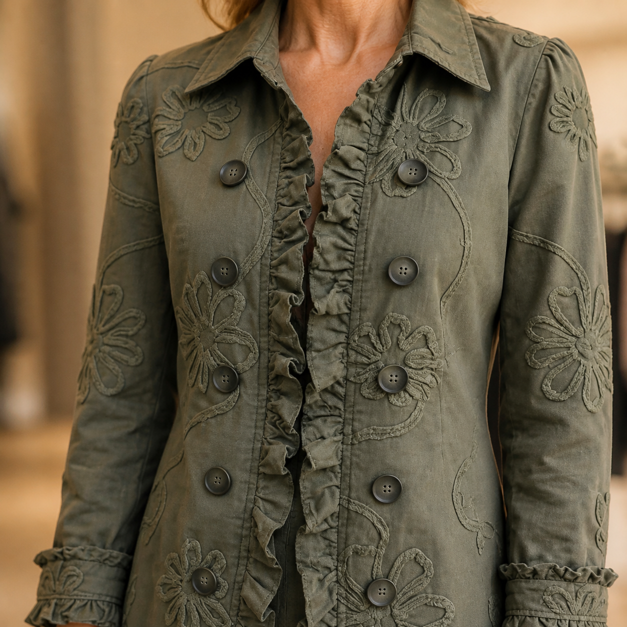 Détail des broderies florales et volants de la veste Amélie vert armée