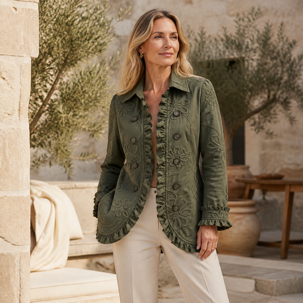 Amélie veste brodée à volants vert armée portée en extérieur