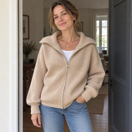 Camille — cardigan beige, porté au quotidien