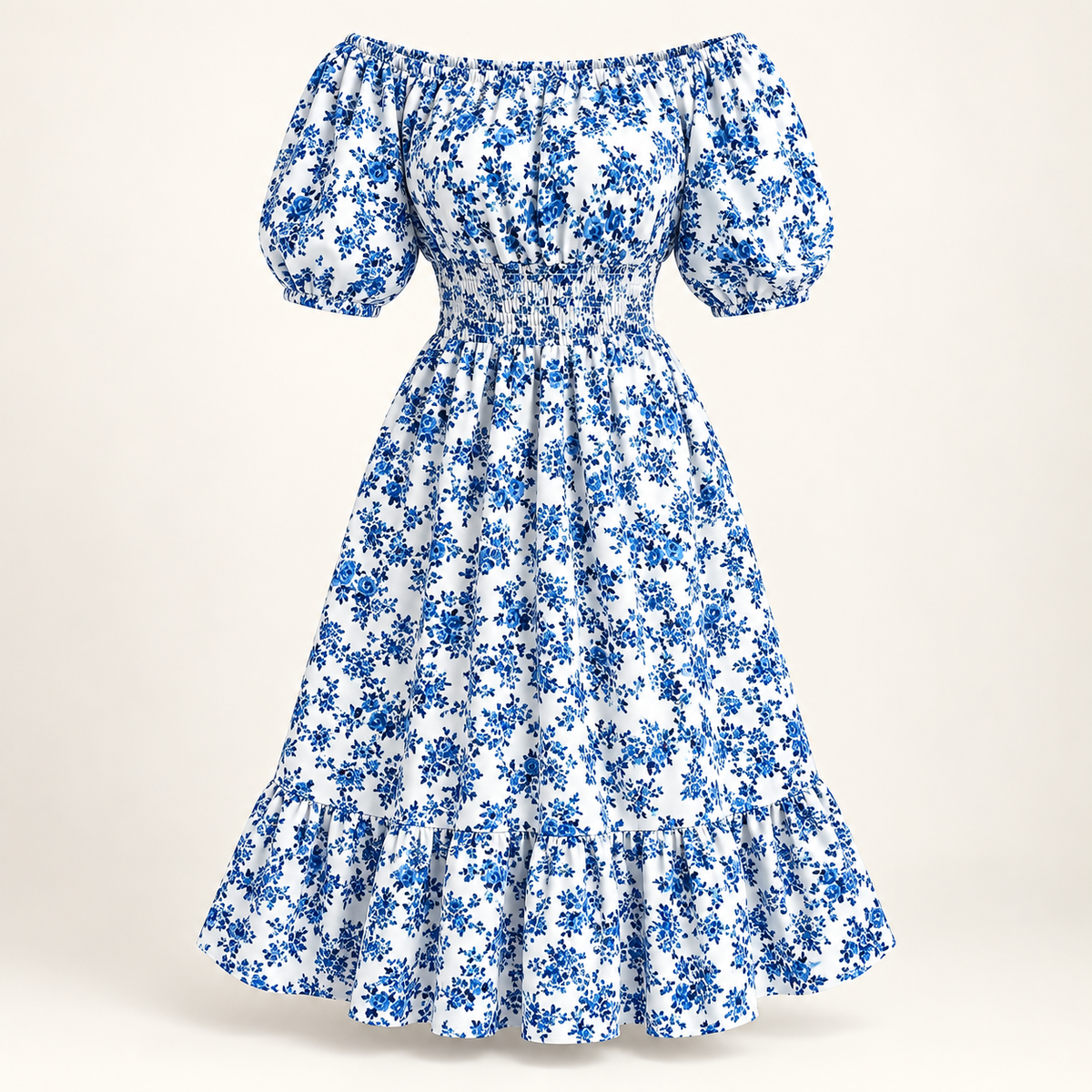 Robe Camille à fleurs bleues sur fond blanc, vue studio