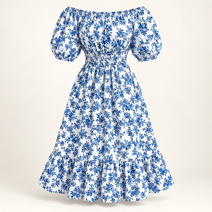 Robe Camille à fleurs bleues sur fond blanc, vue studio