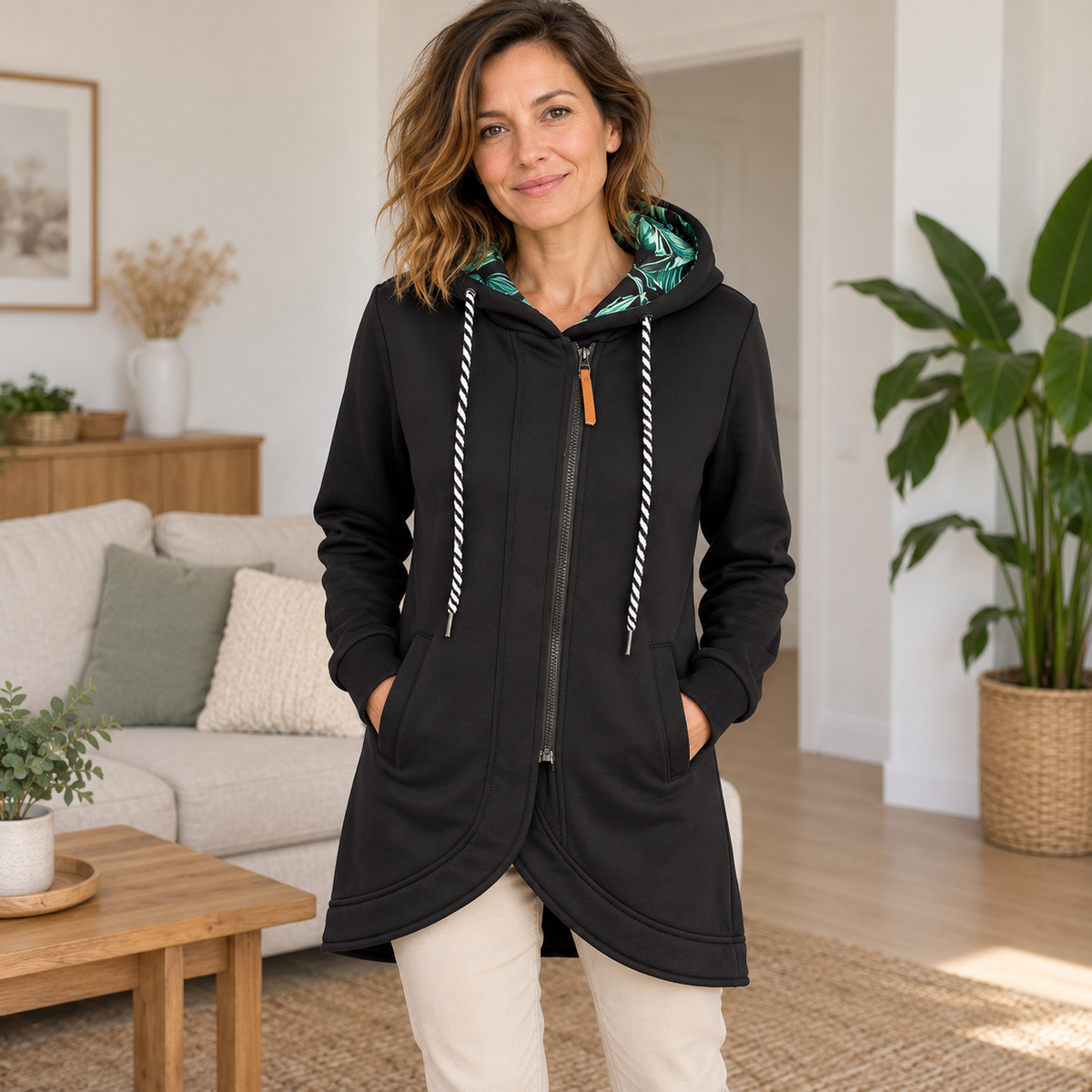 Veste Camille noire portée avec un pantalon beige dans un intérieur lumineux
