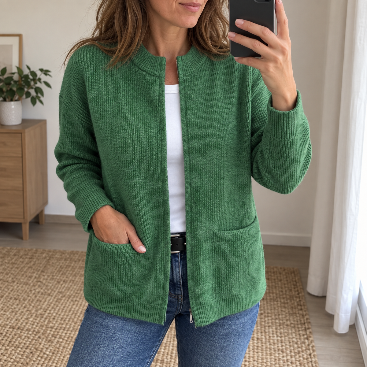 en maille verte, détail de la maille et des poches devant