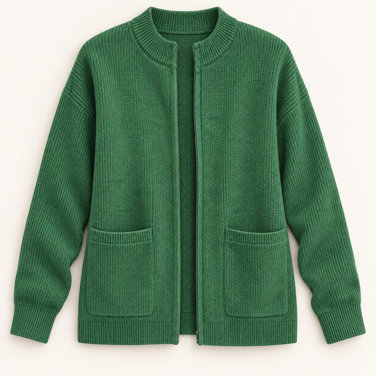 Veste en maille verte, vue de face avec poches et fermeture zippée