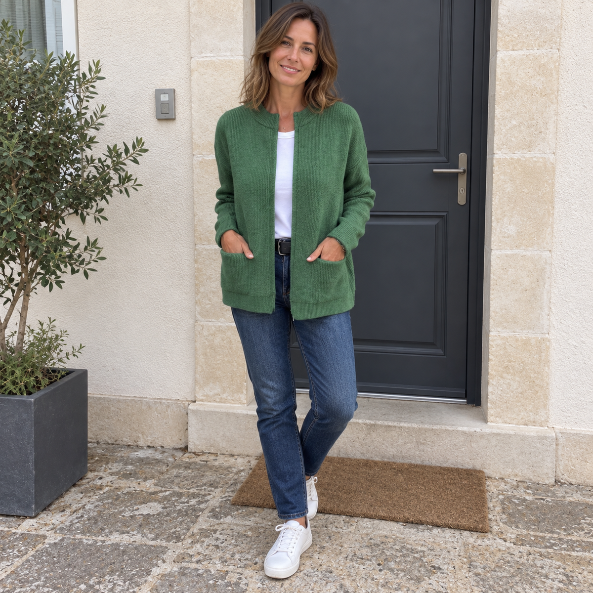 en maille verte portée avec un jean et des baskets, tenue du quotidien