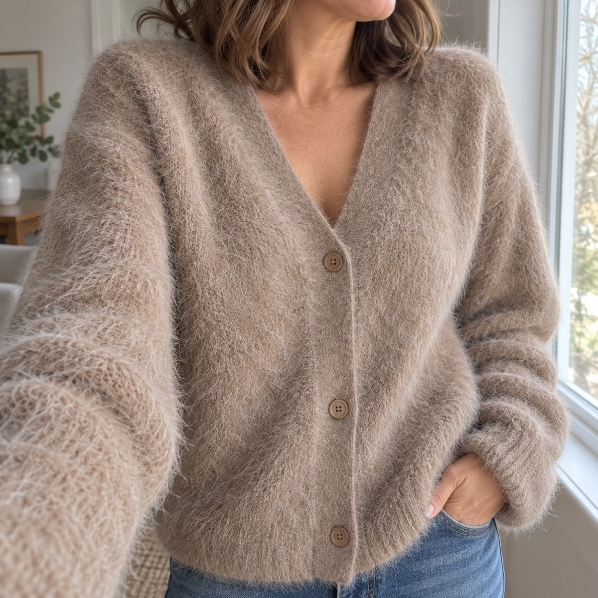 Élodie — cardigan taupe, détail de la maille