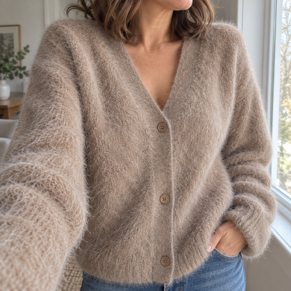 Élodie — cardigan taupe, détail de la maille