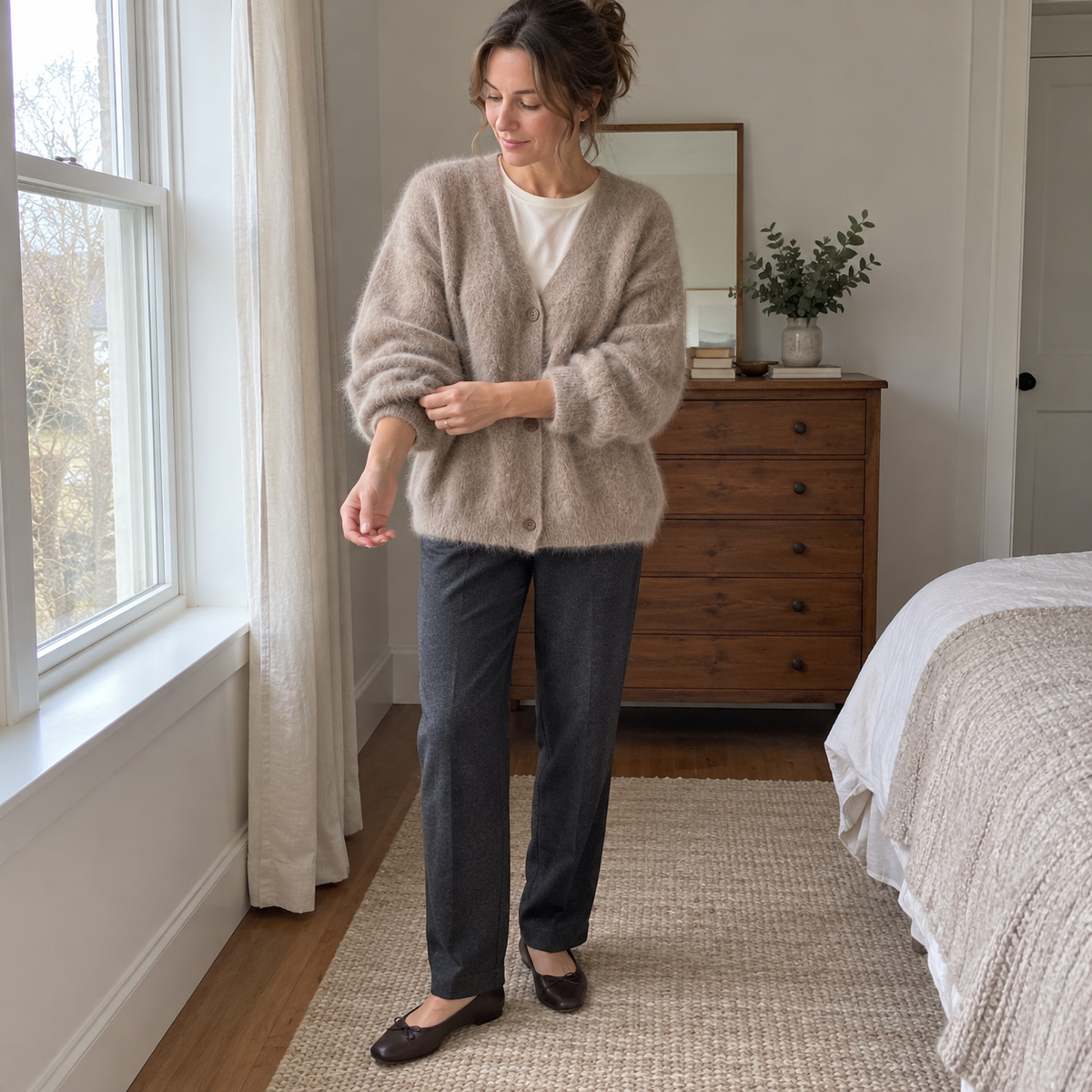 Élodie — cardigan taupe, idée de tenue