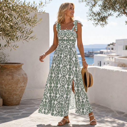 Robe longue verte à bretelles nouées portée en été