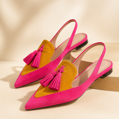 Paire de slingbacks Inès magenta et jaune sur fond studio