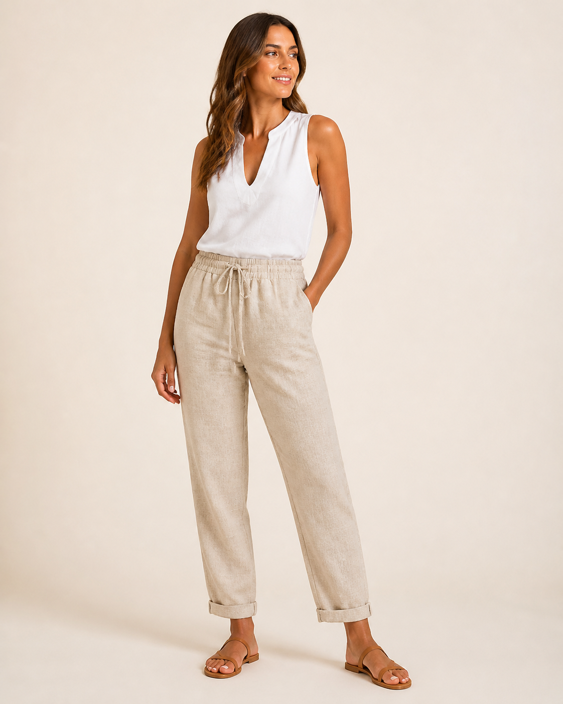 Léonie pantalon coton-lin kaki, vue studio