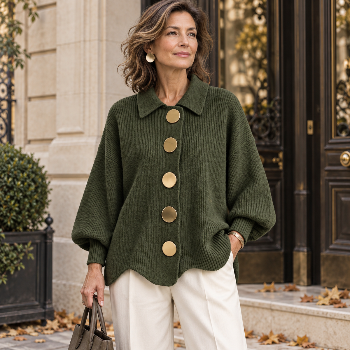 Cardigan Madeleine vert olive à grands boutons dorés, porté avec un pantalon écru