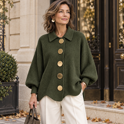 Cardigan Madeleine vert olive à grands boutons dorés, porté avec un pantalon écru