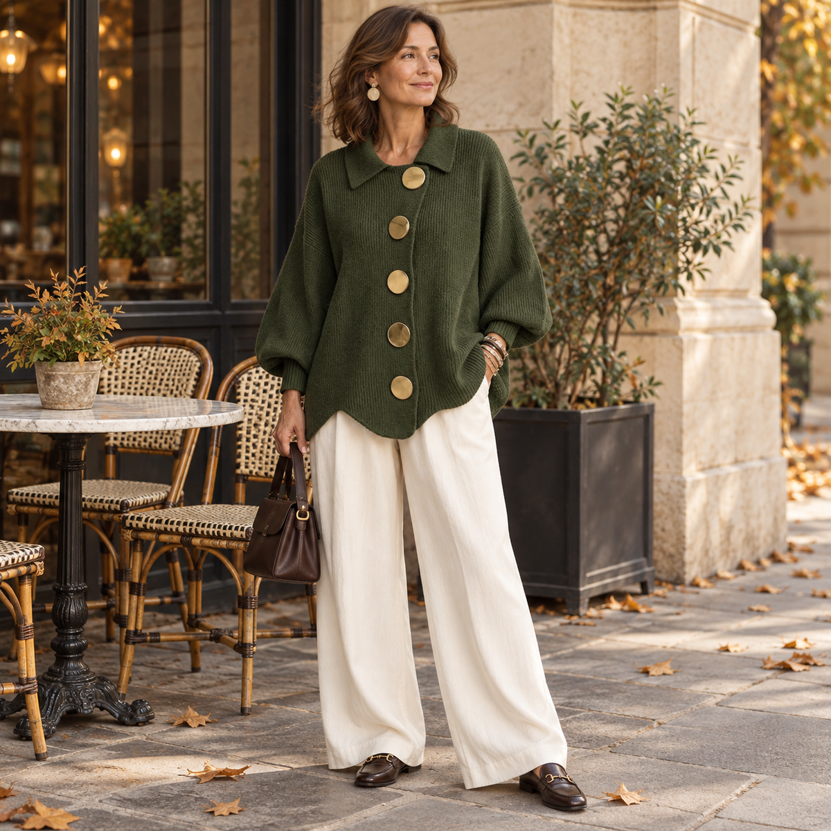Cardigan vert olive porté avec un pantalon écru en terrasse