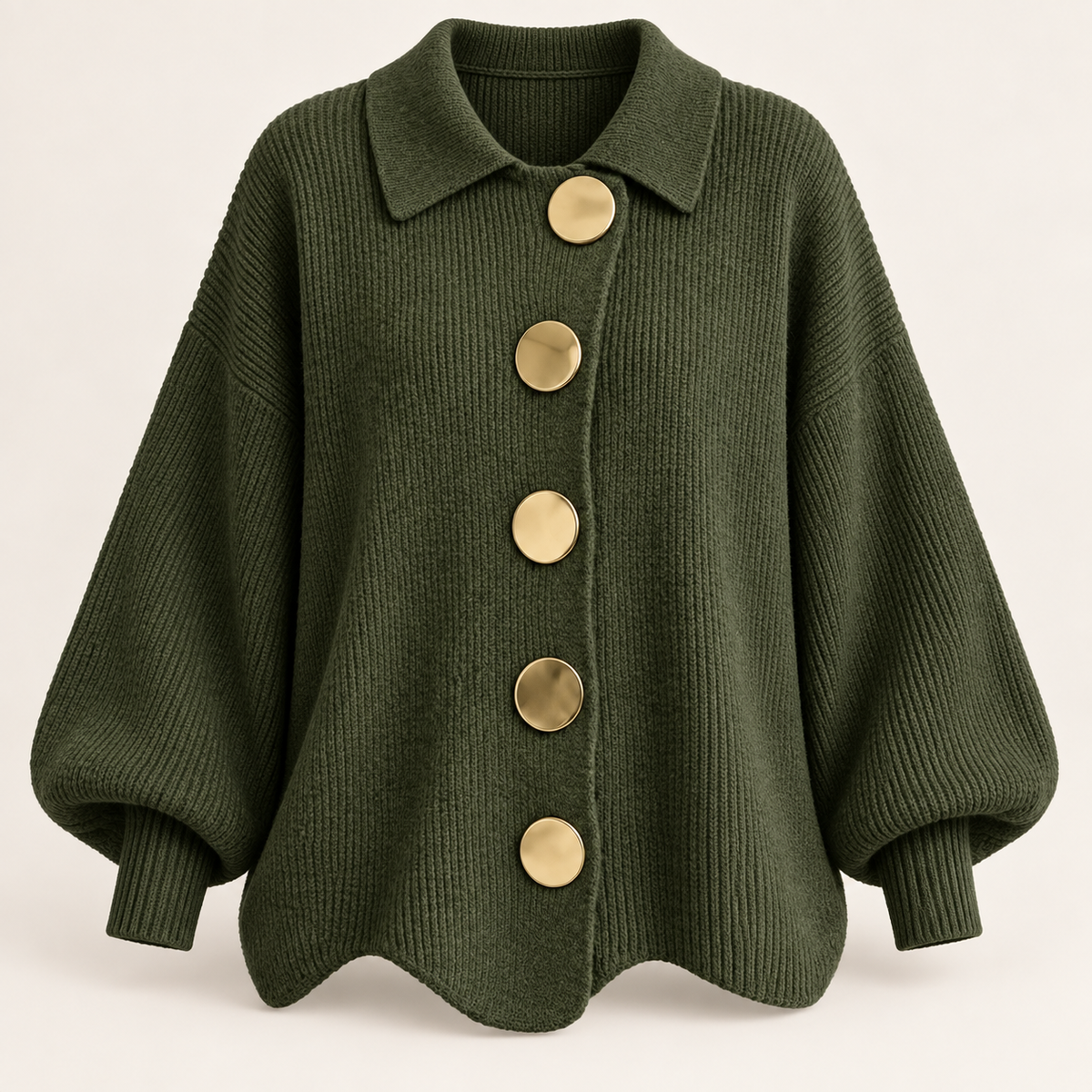 Cardigan vert olive à cinq boutons dorés, vue de face en studio