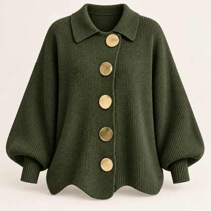 Cardigan vert olive à cinq boutons dorés, vue de face en studio