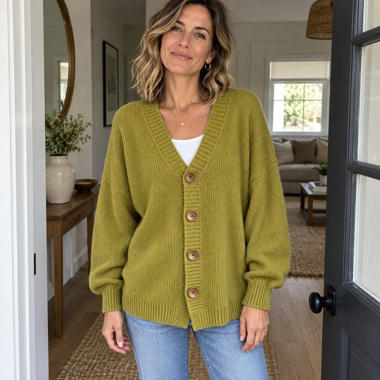 Margot — cardigan olive, porté au quotidien
