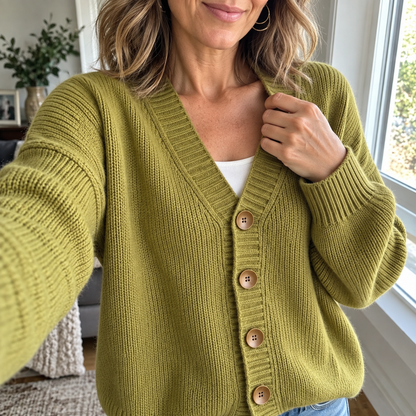 Margot — cardigan olive, détail de la maille