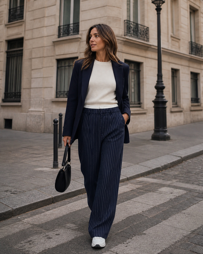 Marlène pantalon bleu marine à fines rayures porté en ville