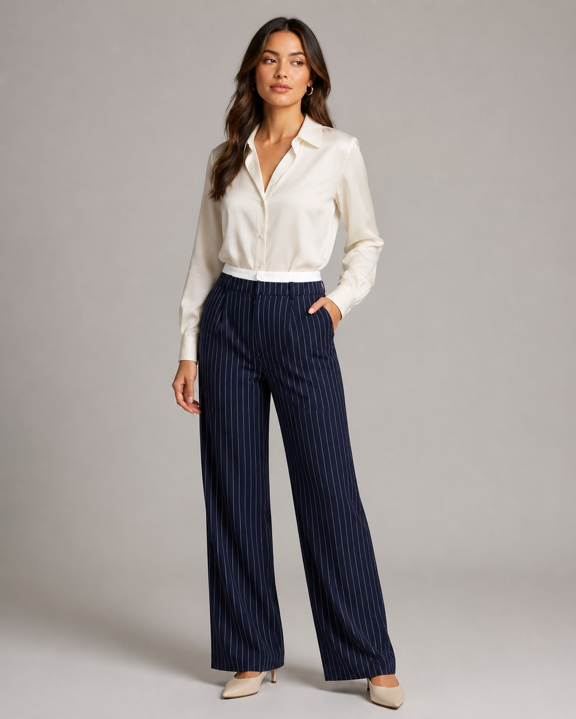 Marlène pantalon droit bleu marine à fines rayures, vue studio