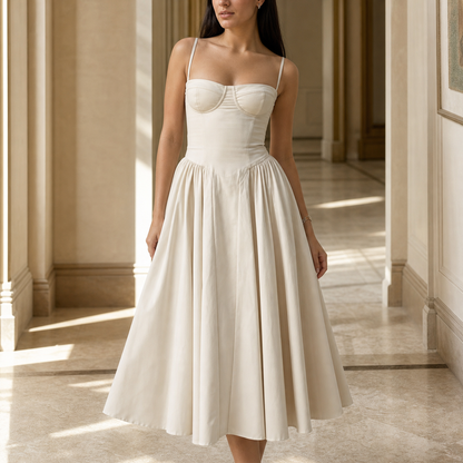 Détail de la coupe structurée de la robe beige longue