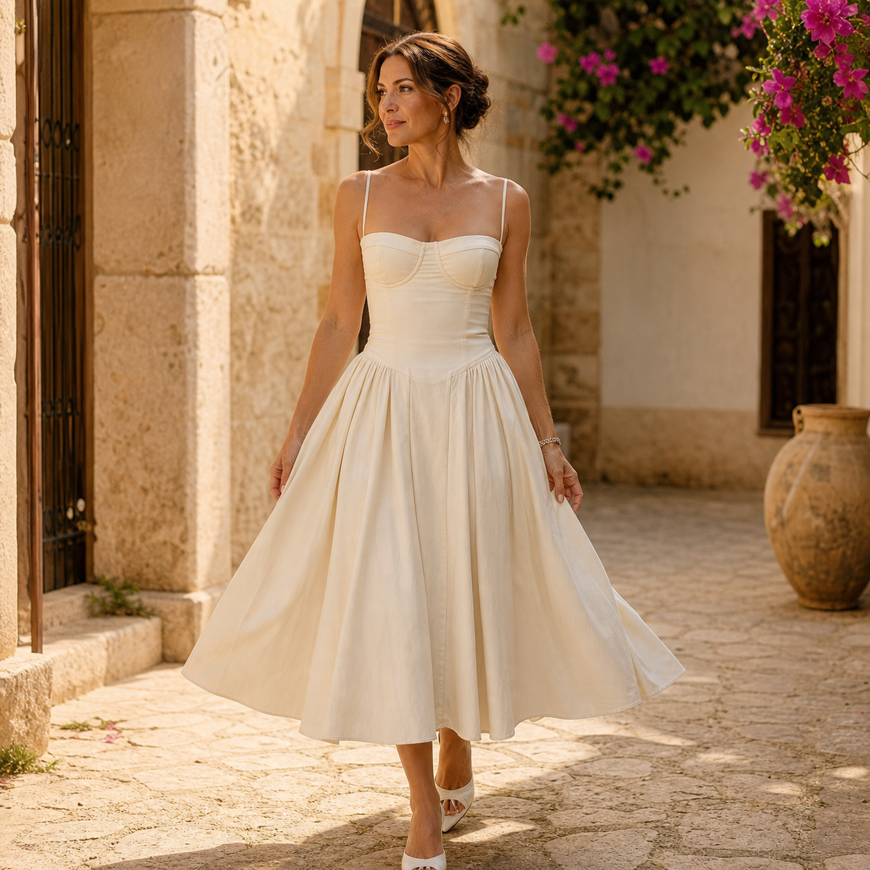 Robe beige longue à bretelles portée dans une cour ensoleillée