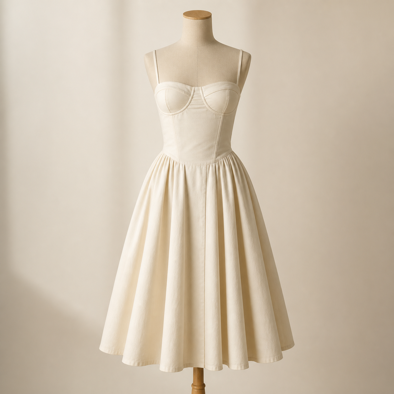 Robe beige longue à bretelles, vue studio