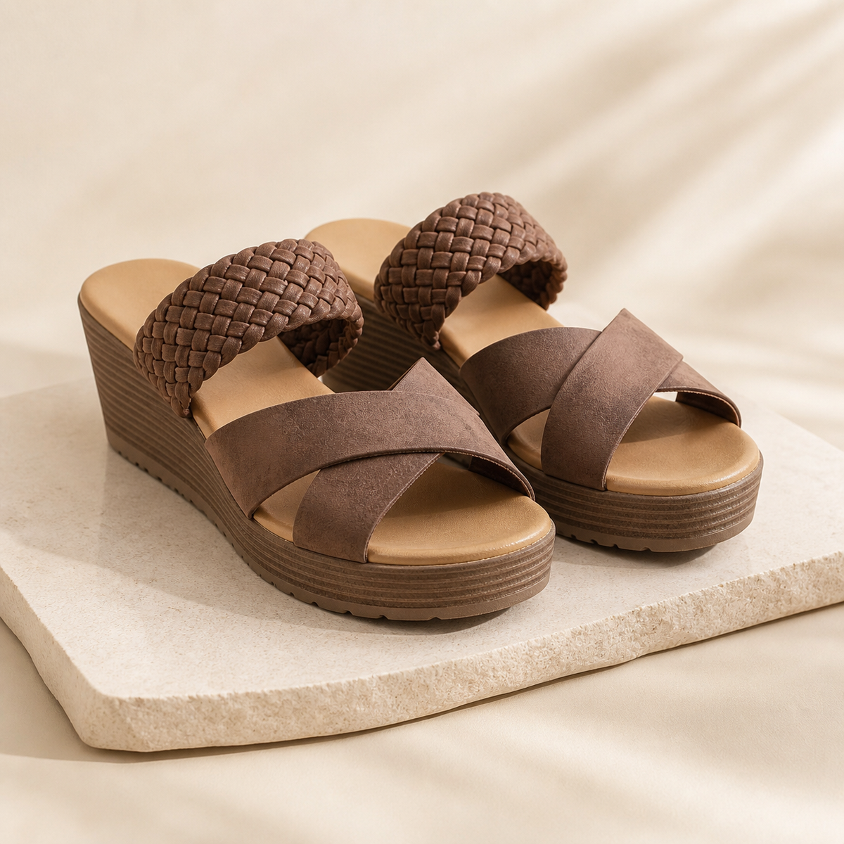 Paire de sandales à brides croisées café en studio