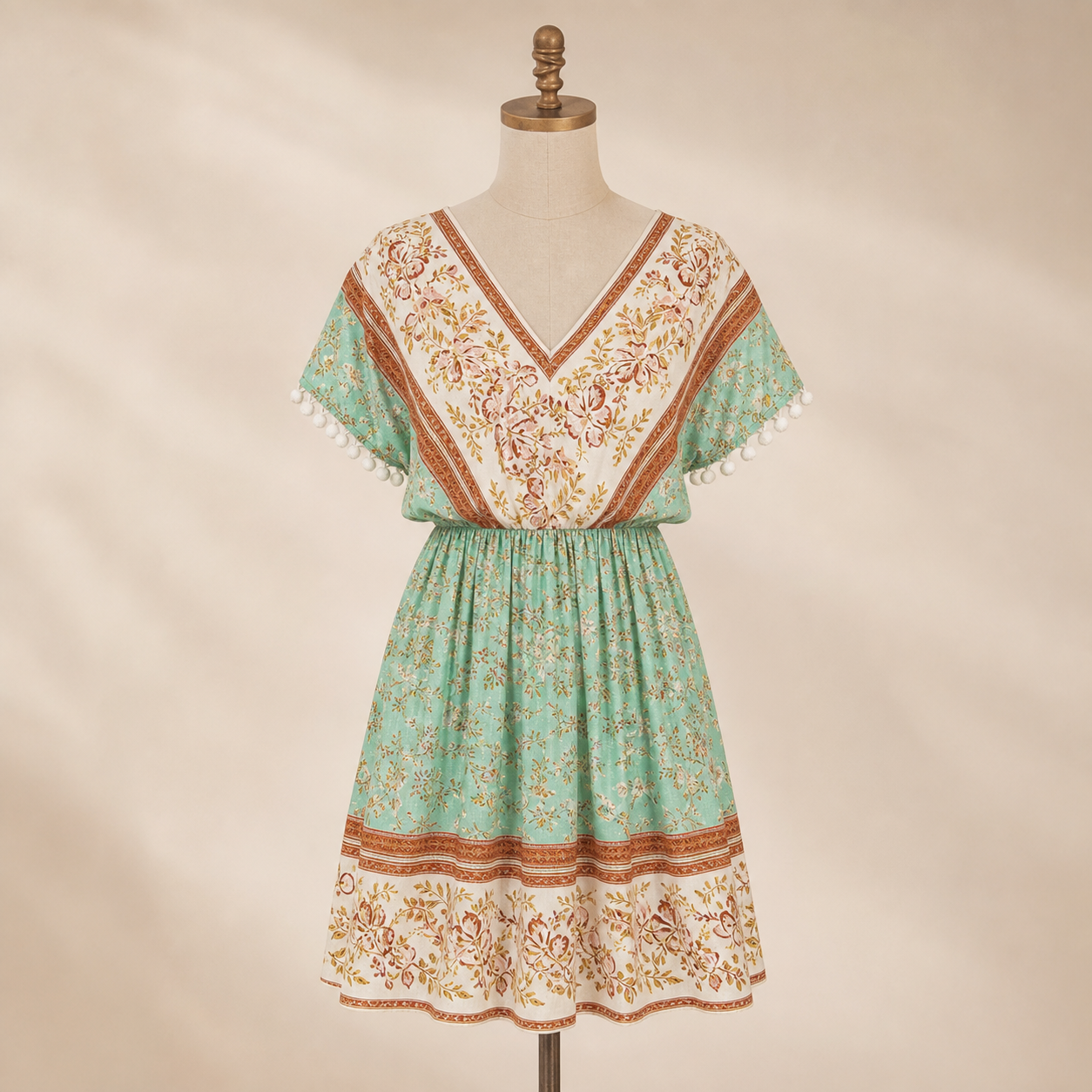 Robe d’été vert menthe à imprimé bohème vue studio