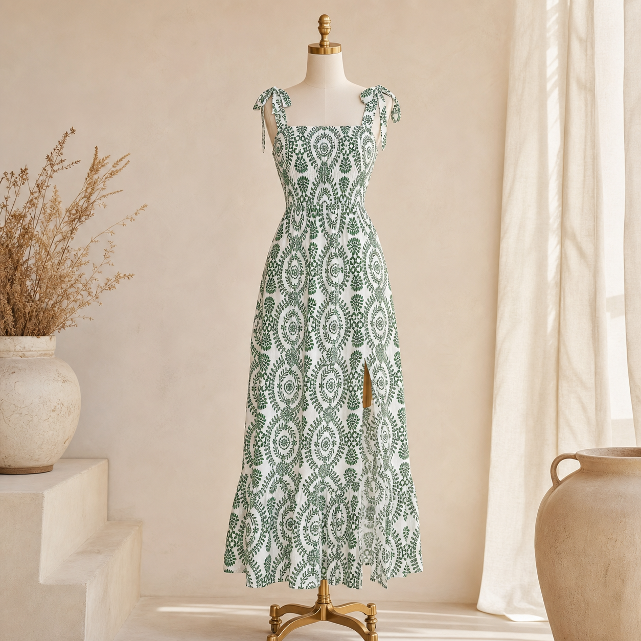 Robe longue verte à bretelles nouées vue studio